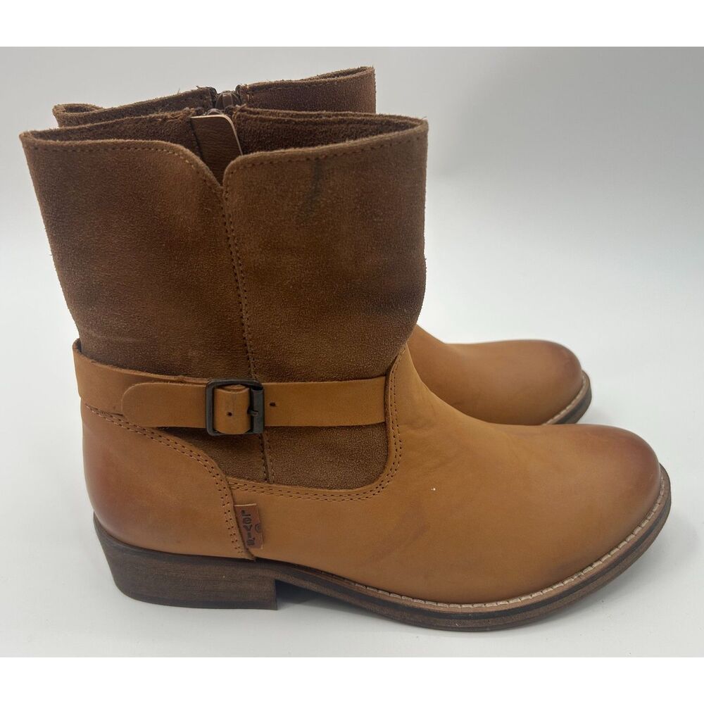Levi's Women's Mid Calf Slouch Boots Tan Leather Suede Buckle Strap Size 6 1/2